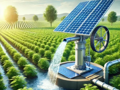 DALL·E 2025-02-04 11.58.49 - A high-definition image of a solar-powered water pump in a farm setting. The pump is modern and efficient, with large solar panels angled towards the