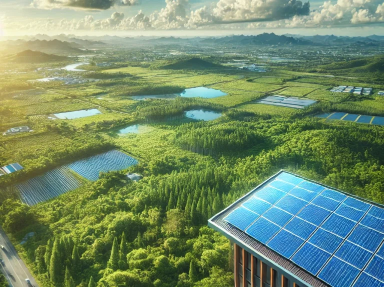 DALL·E 2025-02-04 12.08.40 - A high-definition image showcasing rooftop solar panels on a modern building, efficiently capturing sunlight. In the background, a vast landscape with